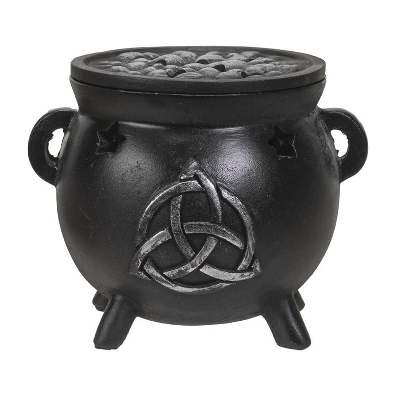 Pacific Giftware Black Celtic Triquetra Symbol Cast Iron Cauldron Incense Cone Burner Decorative Wiccan Pot with Lid Polyresin Home Decor 3.14' H