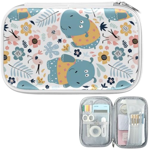 Image of Hippopotamus Floral Marble Pencil Bag Case Zipper Pencil Holder Organizer Stationary Pen Bag Cosmetic Makeup Bag Pouch Purse for School Office Supplies