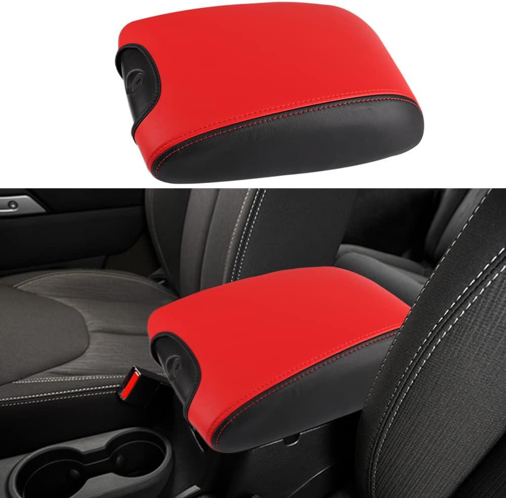 Center Console Armrest Box Cover Anti-Scratch Leather Auto Central Armrest Protector Pad Interior Decoration Accessories Fit for Jeep Wrangler JK 2011-2017(Black and Red)