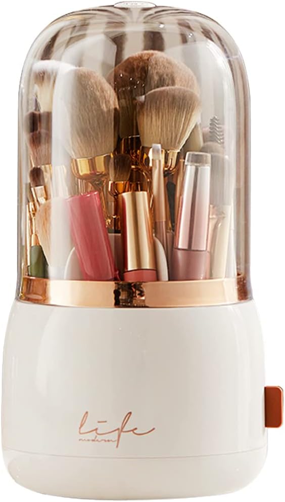 Bingobang Makeup Organiser Brush Holder 360 Rotating with Dustproof Lid, Spinning Cosmetic Organizer Acrylic, Storage for Lipstick, Lip Gloss, Eyeliner, Bedroom, Bathroom (White)