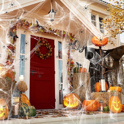 1200-sqft-Halloween-Spider-Webs-and-50pcs-Fake-Spiders-Super-Stretch-Cobwebs-Party-Decorate-for-Halloween-Theme-Indoor-and-Outdoor-Decoration
