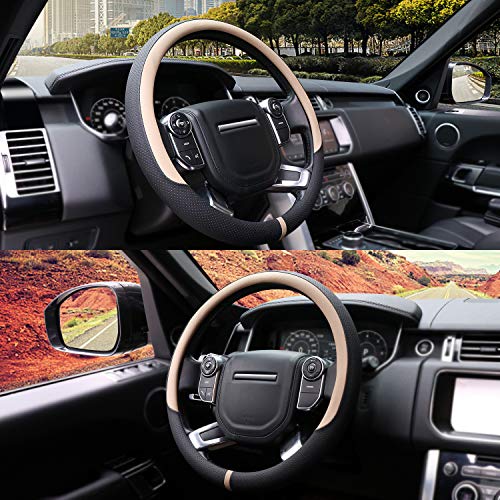 Cofit Breathable Steering Wheel Cover Microfiber Leather With Center Mark Design Large Size 15 1/2-16 Inch Beige And Black #TOP1