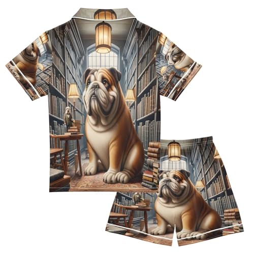 ALAZA Bulldog Bookshelf Library Bookworm Satin Pajamas Set Short Sleeve Button Down Sleepwear Summer Pjs 2 Piece2