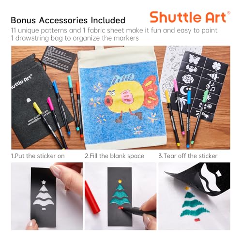 Image of Shuttle Art 36 Colors Fabric Markers, Permanent Markers for T-Shirts Clothes Sneakers Jeans with 11 Stencils 1 Fabric Sheet, Permanent Shirt Pens for Adult DIY Painting Writing