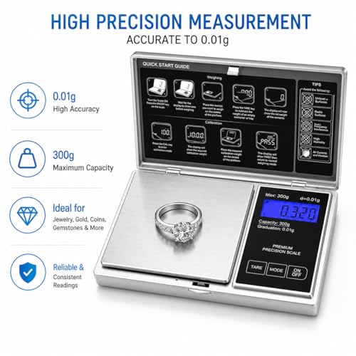 Image of Gripit Digital Pocket Scale 300g x 0.01g High Precision for Diamond Gold Precious Gemstone Jewellery Weighing Scale Notebook Style Pocket Gram Scale with Tare Function