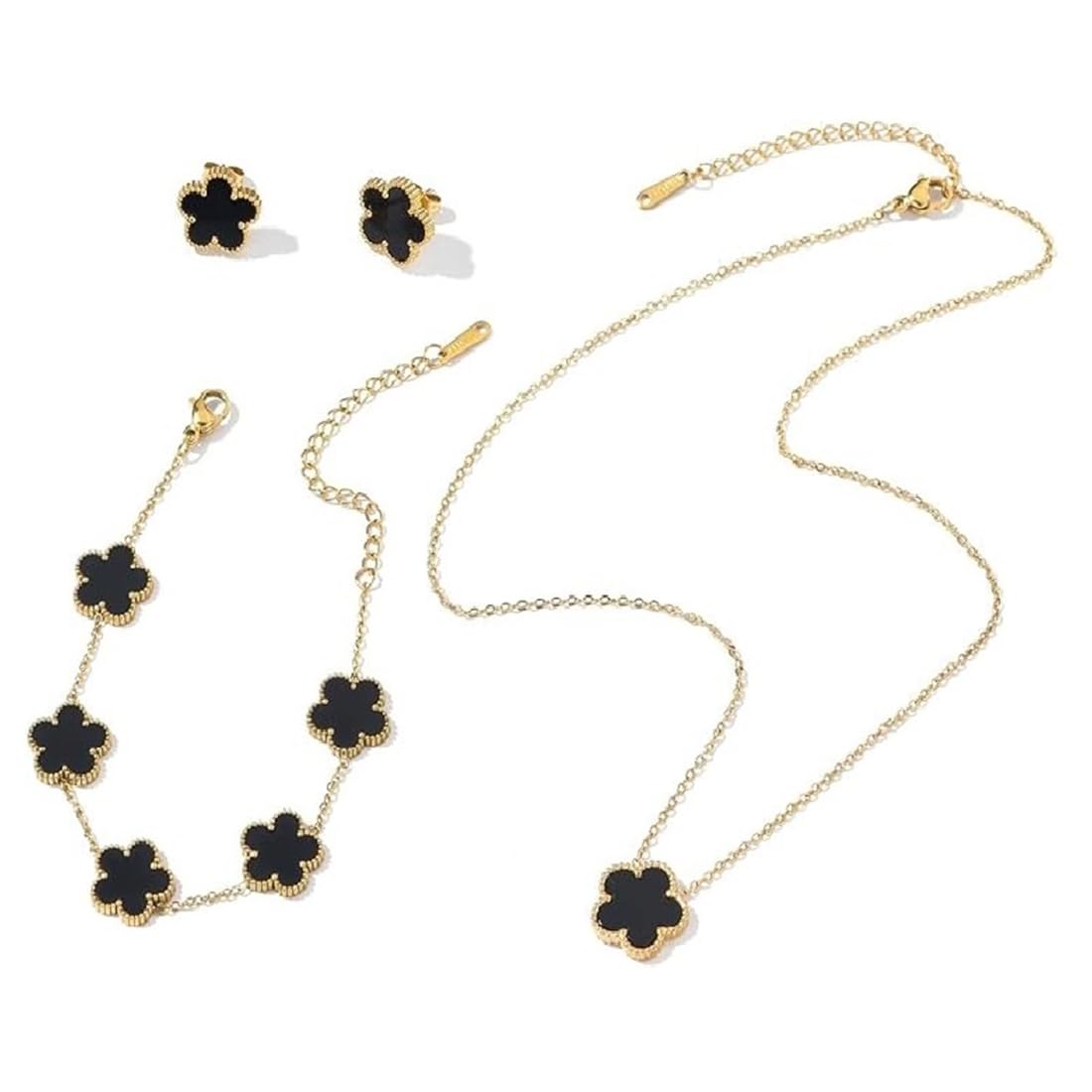 Generic 3 PCS Lucky Clover Necklace Set, 18K-Gold Plated Trendy Lucky Clover Bracelet, Necklace, Earrings Jewelry Set,Gifts for Mom, Wife, Daughter，Friends, Black