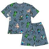Minecraft Creeper Zombie Steve Little Boys French Terry T-Shirt and Bike Shorts Outfit Set Gray 7-8