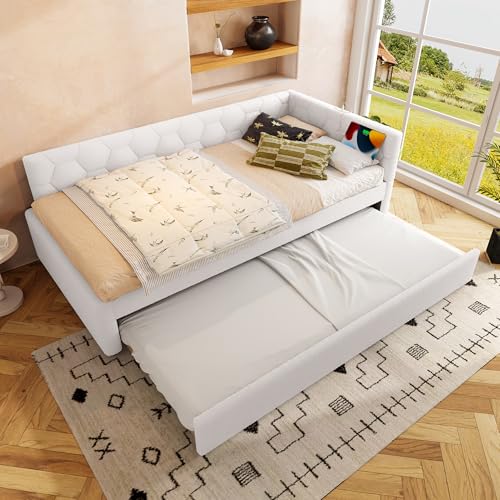 VIEKOS Cama diurna, 90 x 200 cm, sofá cama, cama con somier (sin colchón), con lámpara de noche, con cama nido multifuncional, puerto USB, tipo C, material cómodo, imitación fieltro, blanco