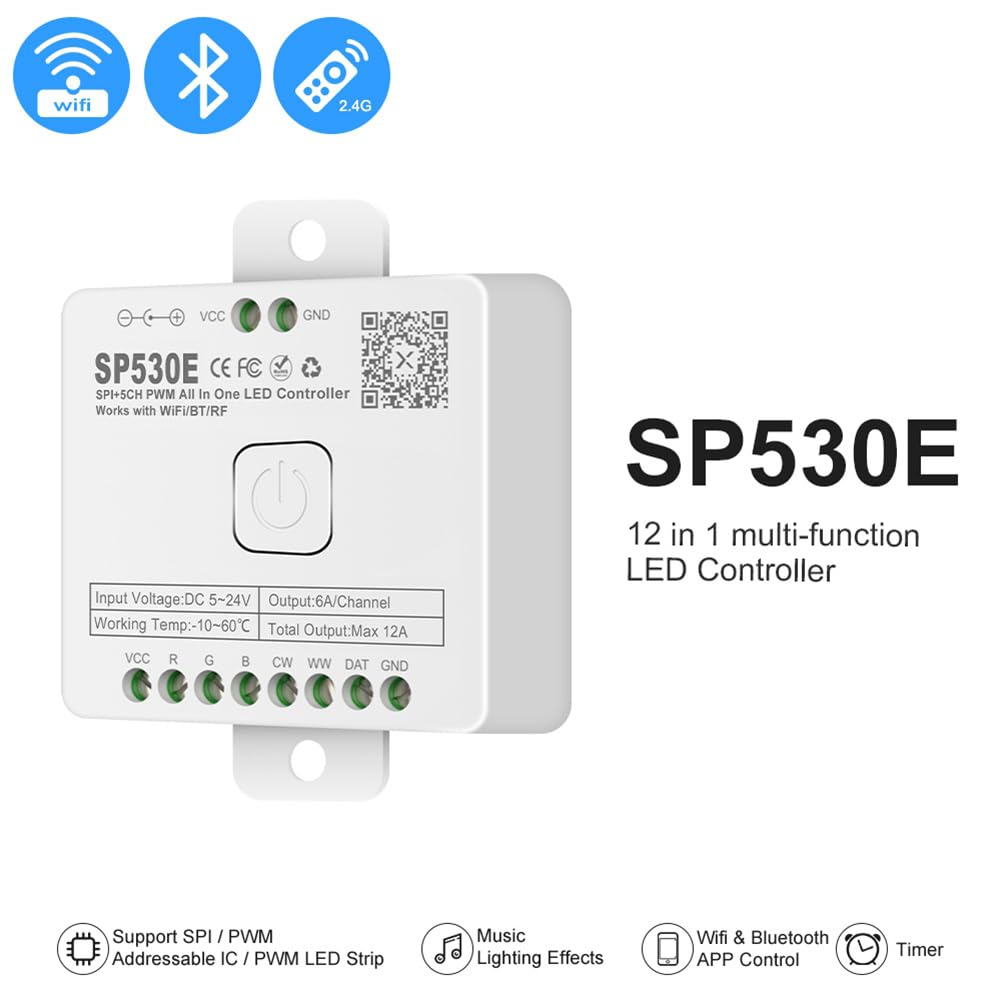 Contrôleur LED Wifi 12-En-1 SP530E PWM SPI Pixels Dimmer pour Bandes LED WS2812B WS2811 RGB RGBW avec Commande Vocale