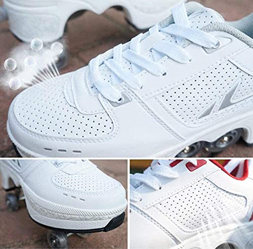 Image of Roller Skates for Women /Girls, Retractable Kick Roller Shoes with Wheels for Men, Outdoor Quad Wheel Rink Skates Adjustable Deformation Sneakers for Adult /Boys