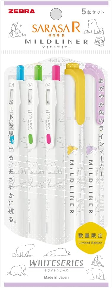 Zebra P-JJS29-R1W-C Sarasa R & Mild Liner Gel Ballpoint Pen, White Series, Set of 5