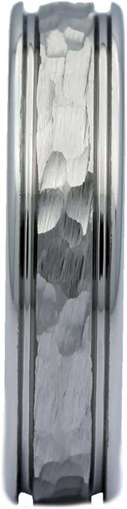 White Tungsten Carbide Hammered Center Polished Edge 5mm Wedding Band Comfort Fit Ring