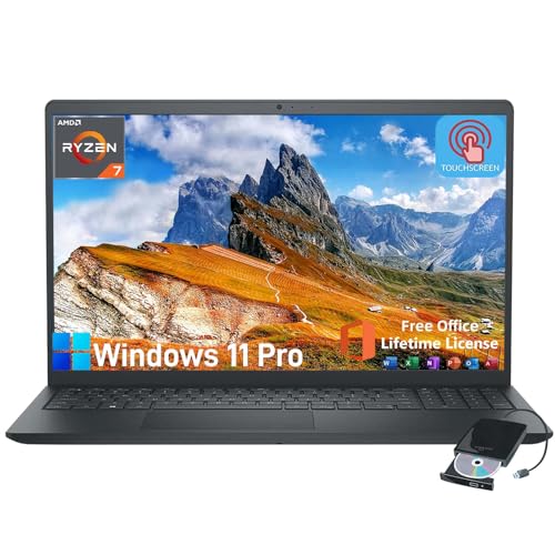 Dell Inspiron 3535 Touchscreen Laptop - with 2024 Office Lifetime & External DVD Drive, 15.6' FHD Touch Computer for Business, AMD Ryzen 7 7730U, HD Webcam, Copilot AI, Win 11 pro (16GB RAM | 1TB SSD)