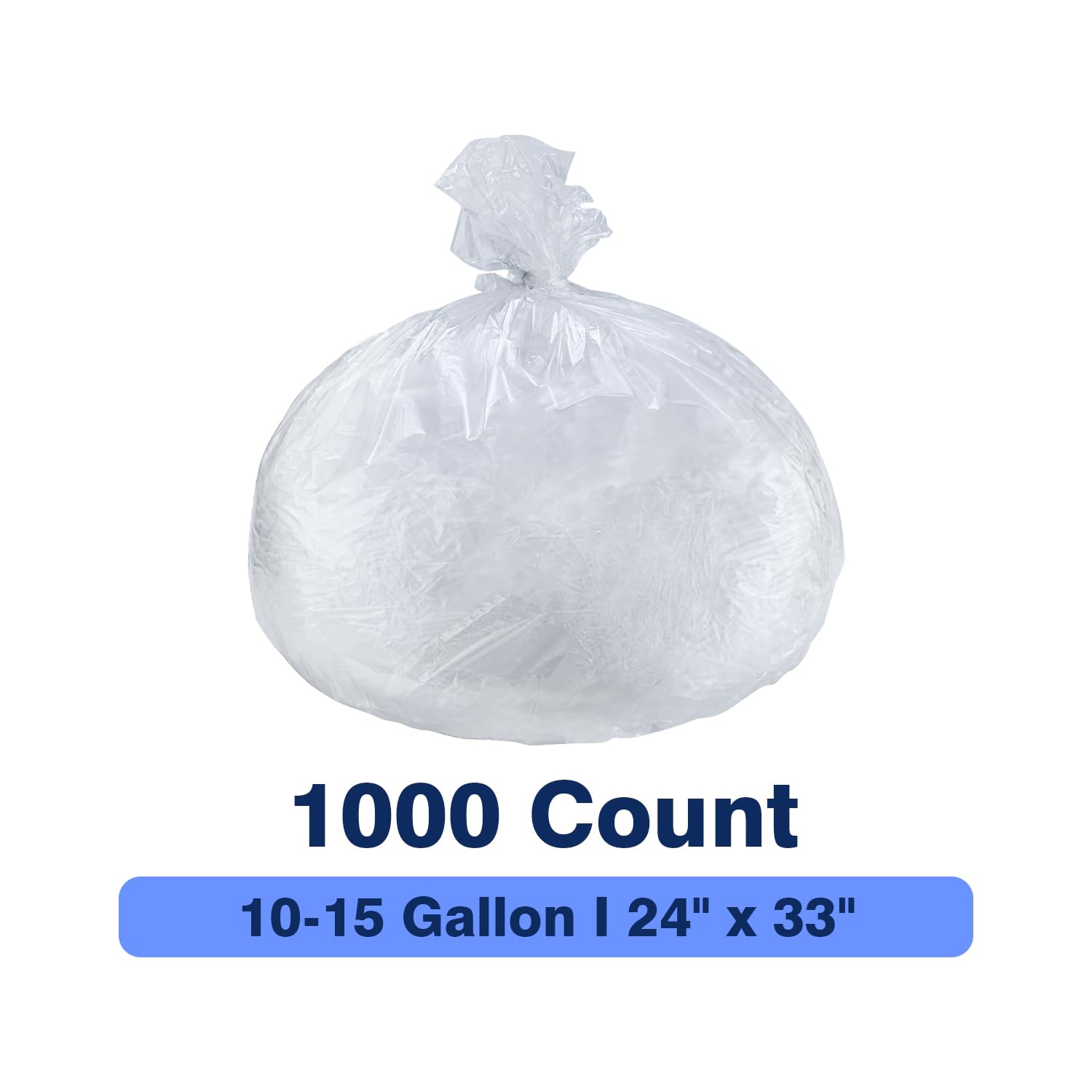 Plastiguide Clear Trash Can Liners, 10-15 Gallon, 24'' x 33'', Wholesale 1000 Count, High Density Garbage Bags for Bathroom, Office, Commercial and Industrial Use