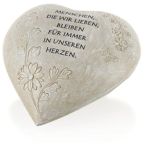 com-four® Grab-Dekoration in Herz-Form - verzierter Trauerstein mit Gedenkspruch - Gedenkstein mit Aufschrift - wetterfester Grabschmuck mit Schmetterlingen