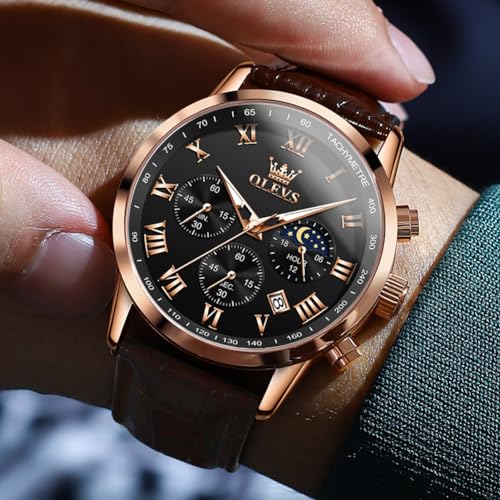Image of OLEVS Men's Leather Analog Quartz Watch - Luxury Chronograph Wristwatch with Date, Waterproof, Luminous - Dress Style