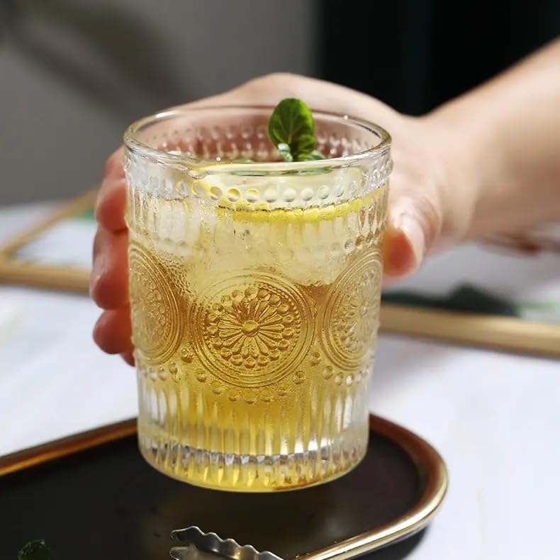 Image of Whiskey Glasses Set of 6 pcs- 300 ml Bar Glass for Drinking Bourbon, Whisky, Scotch, Cocktails, Cognac- Old Fashioned Cocktail Tumblers (6, Embossed)