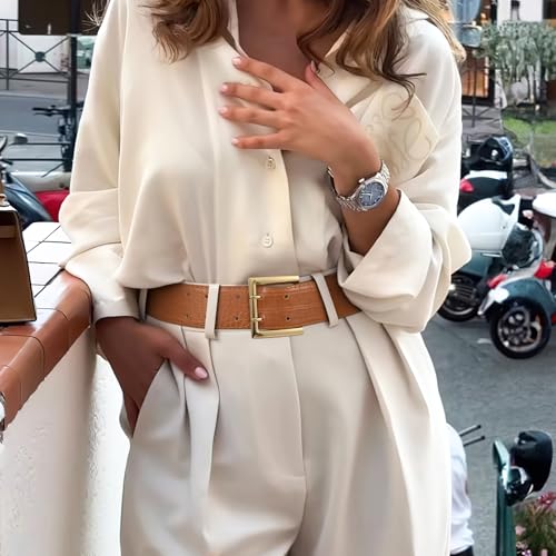 SANSTHS Women Wide Leather Belt for Dresses Jeans Fashion Gold Buckle Ladies Waist Thick Belt3