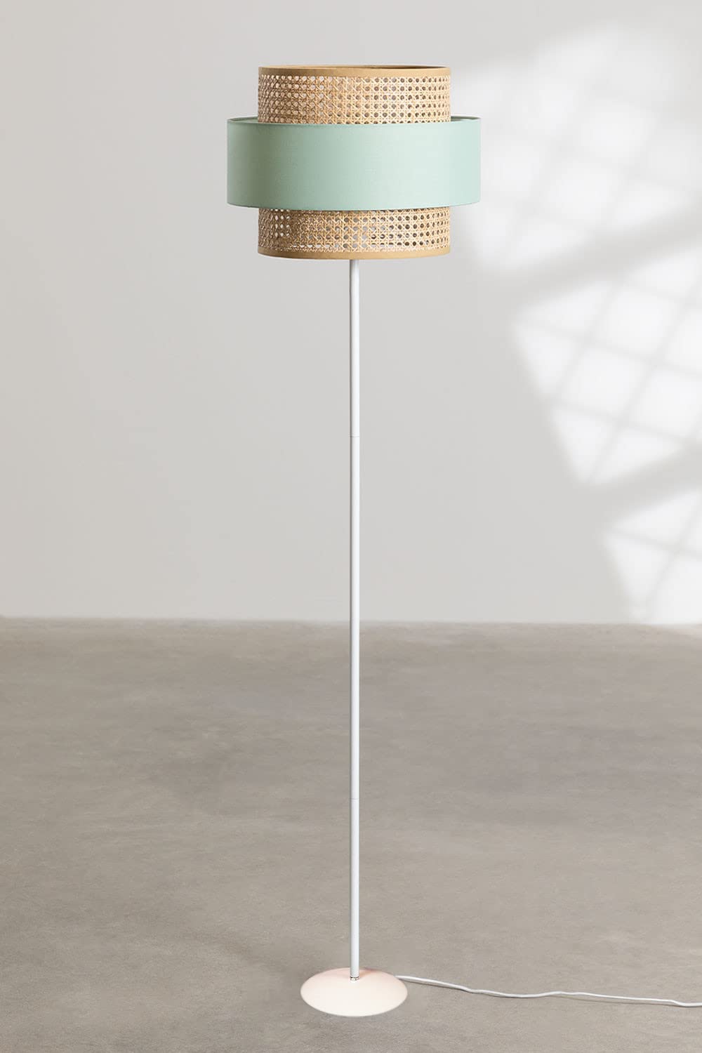 Rattan Cane Webbing Floor Lamp Bamboo Floor Lamp Cane Standing Lamp Wooden Standing lamp for Living Room Bedroom (14" D X 12")(White Stand) (Olive Green)-image-19