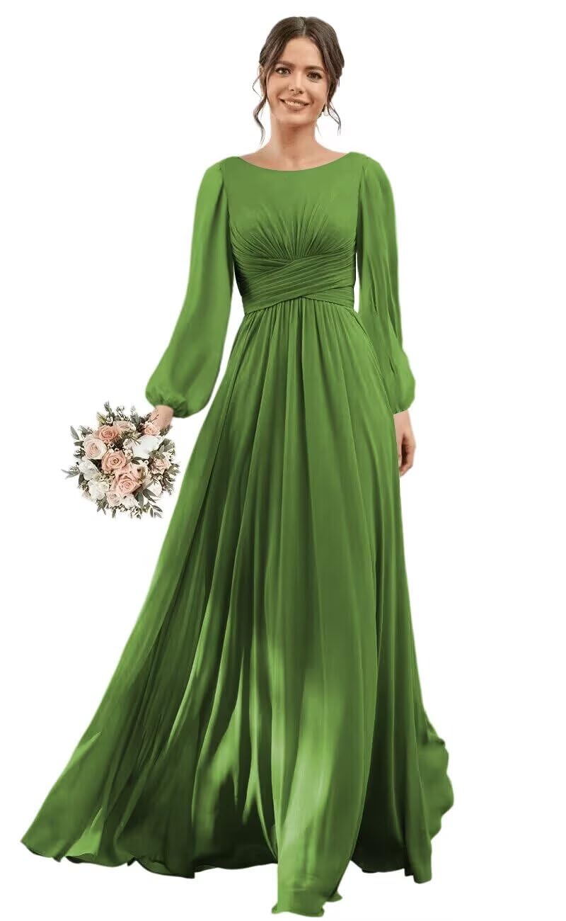 RSOETOO Chiffon Bridesmaid Dress Long with Slit Long Sleeve Formal Wedding Guest Dresses with Pockets RON014