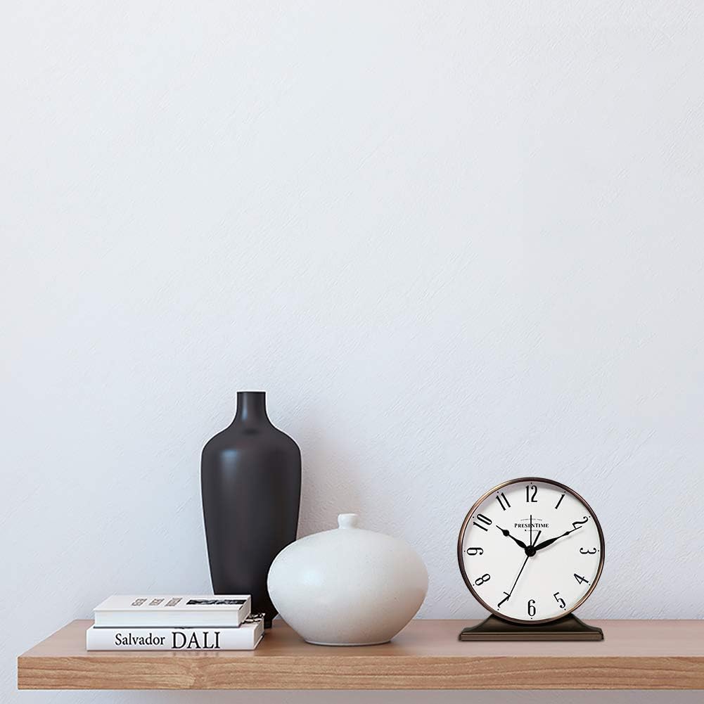 Presentime & Co Lewis Mantel Alarm Clock, Desk and Shelf Clock, Tabletop Decoration, 5.5 x 5 inch, Silent no Ticking, Metal Base, Bronze Finish, Arabic Numeral