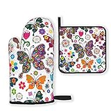 Colorful Butterflies and Flowers Oven Mitts and Pot Holders Sets,Heat Resistant Non Slip Kitchen Glo