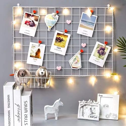 Image of Wire Grid Photo Display Board, Metal Frame, 65x45 cm, Modern Style,Wall Mount with Square Shape, Home Decor Wooden Clip 10 pcs , Metal Mesh Memory Wall, Black, Decorative Clip Board for Pictures Wall Hanging Photo Frame