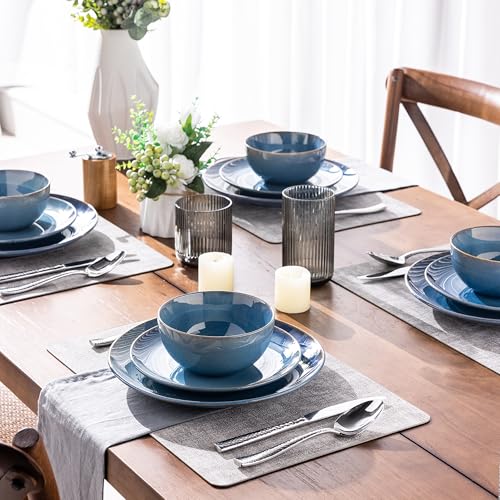 Image of GBHOME Dinnerware Sets with Double Bowls for 6, 24 Pieces Stoneware Plates and Bowls Set, Scratch Resistant Ceramic Dishes Set, Dishwasher & Microwave Safe-Alaskan Blue