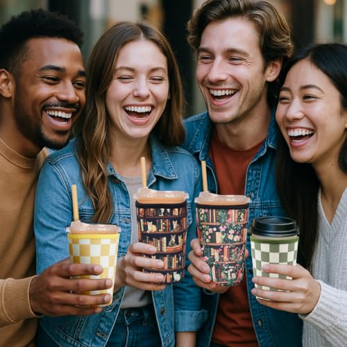 Image of Reusable Insulated Neoprene Iced Coffee Cup Sleeve, Durable Drink Sleeve for Cold Beverages, Beverage Holder for Iced Coffee (Olive Checkers)
