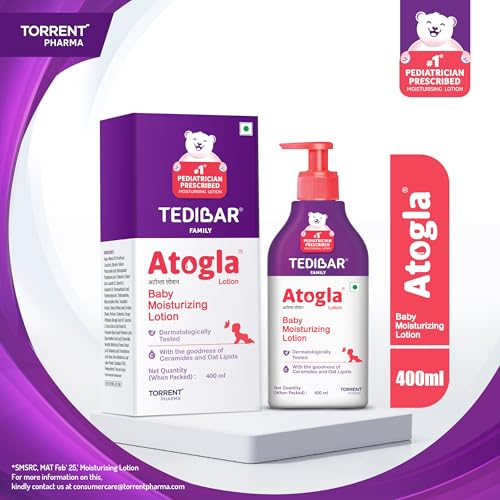 Image of Atogla Baby Lotion 400ml from Tedibar Family with goodness of ceramides and oat lipids | No. 1* Pediatrician prescribed Moisturising Lotion- By Torrent Pharma (Pack of 4)