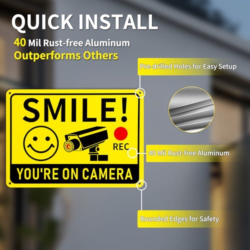 4 Pack Smile You\'re on Camera Signs – Video Surveillance Signs Outdoor, 10\"x7\" Rust-Free Aluminum Warning Sign, UV Printed, Weatherproof Security Camera Sign for Home, Business, Fence, Driveway, CCTV