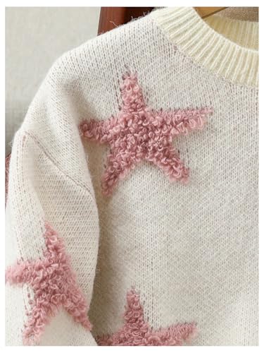 MakeMeChic Girl's Star Print Cute Crew Neck Cable Knit Sweater Drop Shoulder Long Sleeve Pullovers4