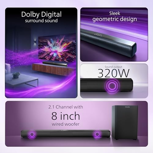 Image of Philips TAB4330 /94 320W Soundbar Bluetooth 2.1 Ch, 8 inch Wired Subwoofer, Dolby Audio Soundbar for Smart TV, LED Display, Remote Control HDMI ARC, USB, AUX, Home Theatre Sound System