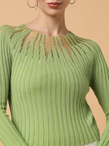 Image of ICW Women Knitted Rhinestone Embellised Daimond Studded Mesh Round Neck Long Sleeve Crop Top T-Shirt 206