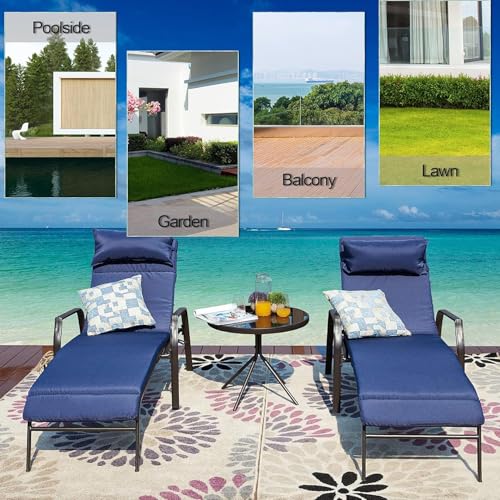 Image of LOKATSE HOME 3 Pieces Outdoor Patio Chaise Lounges Chairs Set Adjustable with Folding Table, Dark Blue Cushions