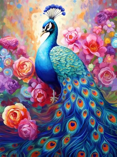 Diamond Painting Paon Fleur 5D pour Adulte - Kit Complet de Broderie Diamant 20x30cm