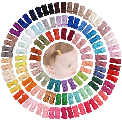 Image of CÉLLOT Hair Clip, 120pcs Baby Girls Grosgrain Ribbon 1.2" Mini Bow Snap Clips, 60 Colors for Infant Toddlers Fine Thin Hair in Pairs