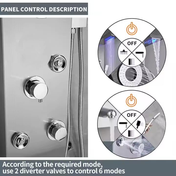 Image of Stainless Steel 304 Grade Shower Panel 8in1+ Extra Large 3Ways Hand Shower With LED Rainfall Waterfall 2Body Massage 4Mist Spray Temperature Display Shower Panel (Chrome)
