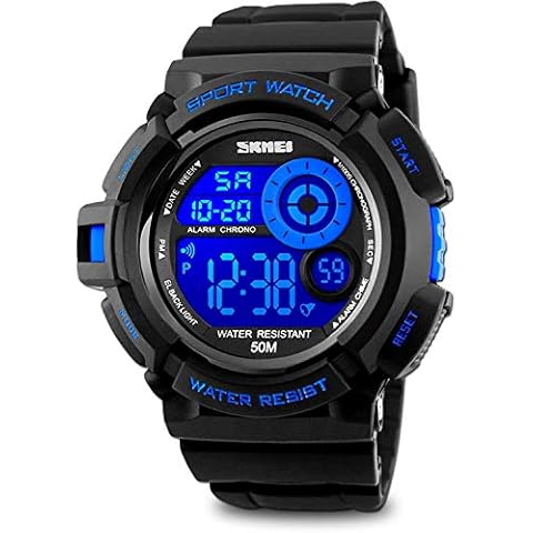 Skmei Mens Sport Running Watch, Digital Electronic 50M Waterproof Military Army Sports LED Wristwatch Water Resistant with Stopwatch Unique Dial 7 Color Changeable Backlight - Blue Cover
