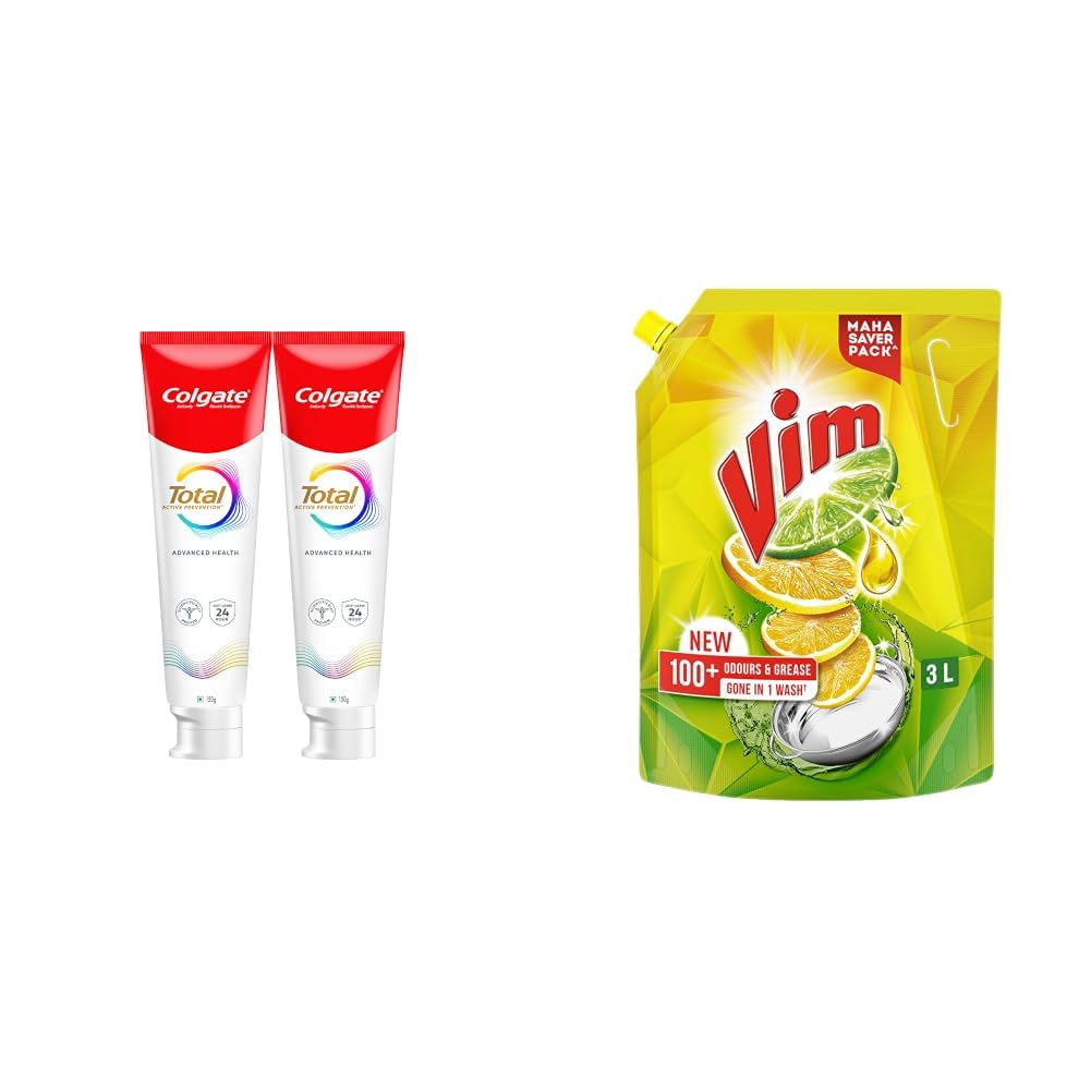 Colgate Total 300gm (2 x 150gm) Advanced Health Anti-Germ Toothpaste with Toothbrush, Tooth Paste with 12-Hour Anti-Germ & Enamel Protection, Whole Mouth Health (Combo Pack Offer) & Vim Dishwash-image-27