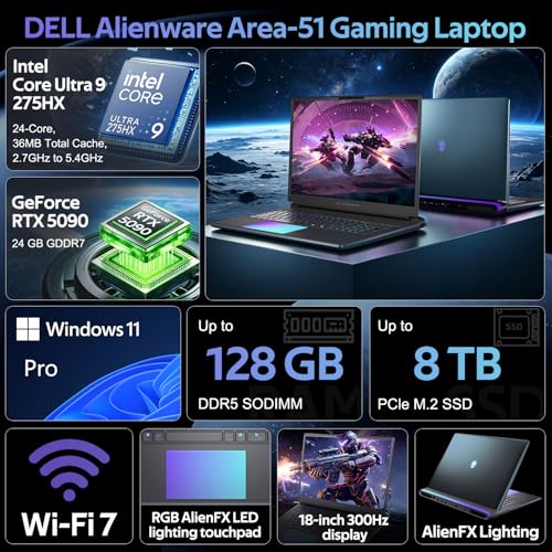 Image of DELL Alienware 5090 Intel Ultra 9 18-inch QHD+ 300Hz RGB Gaming Laptop | Area-51, Intel Core Ultra 9 275HX, RGB Backlit, Customized 64GB /128GB DDR5, 2TB /8TB SSD, Wi-Fi 7, Windows 11 Pro, Blue