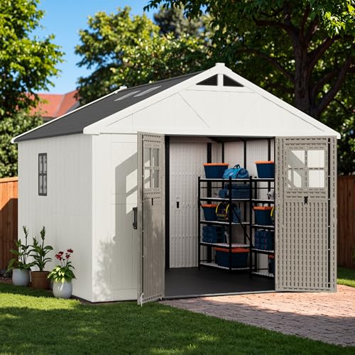 Image of Greesum 10x10FT Plastic Outdoor Storage Shed with Floor and Lockable Door, Resin Sheds with 4-Windows and Multiple Skylights, Organization for Garden, Lawn, Backyard, Beige
