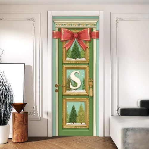 Image of Christmas Green Pine Red Bow Gold Frame Door Mural 30.31x78.74in