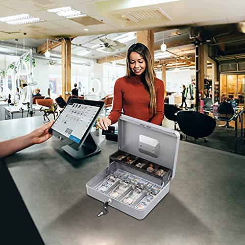 Image of KYODOLED Locking Cash Box with Lock,Money Box with Cash Tray,Lock Safe Box with Key Money Saver,Money Saving Organizer,11.81Lx 9.45Wx 3.54H Inches,Lightgrey XL Large
