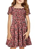 Yoklass Girl Short Sleeve Floral Printed Dresses Classic Square Neck Smocked Dress, 10-11 Years