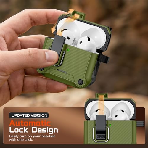 Image of Inesore for AirPods 4 Case with Secure Lock (Dark Green) | Phone Stand Design,Compatible with MagSafe,Automatic Snap Switch Secure Cover Carbon Fiber Texture with Cleaner Kit