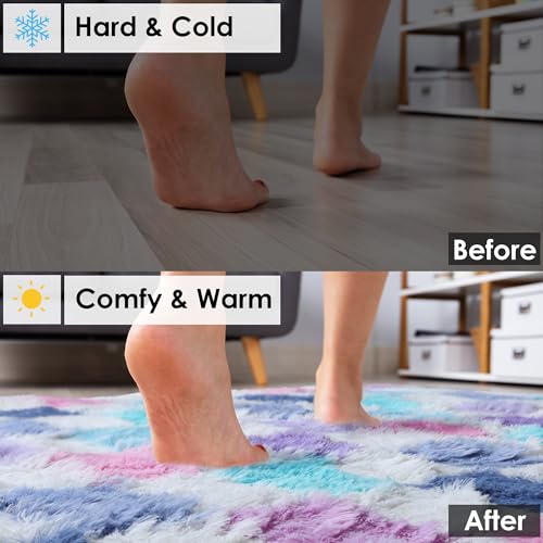 Image of KICMOR Purple Rainbow Checkered Rugs for Living Room, Fluffy Soft 8x10 Area Rugs Colorful Fuzzy Shag Shaggy Bedroom Carpet, Cute Indoor Plush Rug for Kids Girls Dorm Nursery Home Decor Aesthetic
