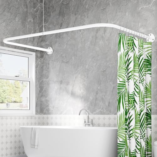 Duschvorhangstange U Form & L Form, (60-93) X (77-197) X (60-93) CM Verstellbare Duschstange U Form mit 12 Vorhangringen und Deckenstütze für Badewanne/Dusche, Bohren Erforderlich - Weiß