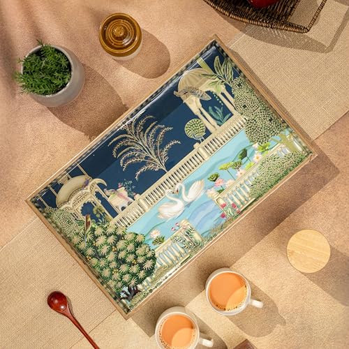 Image of Swan Wooden Serving Tray with Gold Engraving | Pack of 1 | Size : 16 x 10 inch | Enamel Coated Waterproof | Rectangular | Swan Large