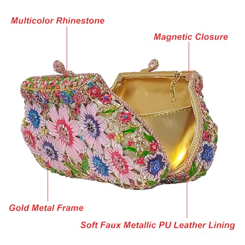 Image of Fancy Vintage Flower Rhinestone Clutch Multicolor Floral Crystal Evening Bag Purse Wedding Cocktail Bag